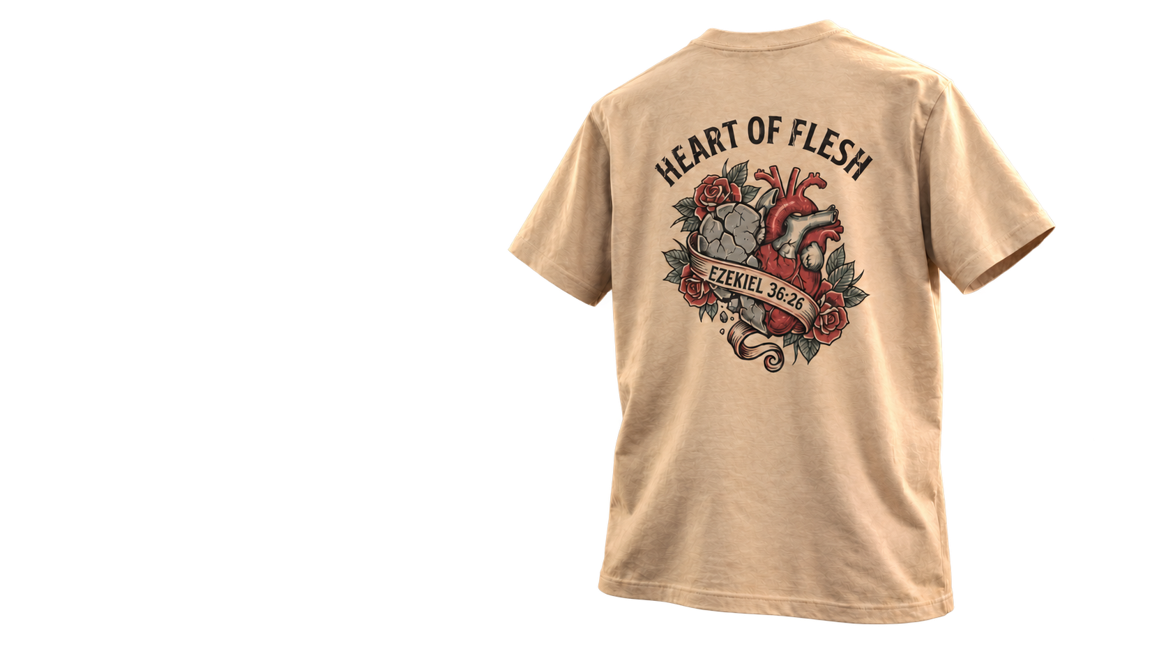 Studio styling of the sand Heart of Flesh tee, with the heart, roses and Ezekiel 36:26 artwork on the back.