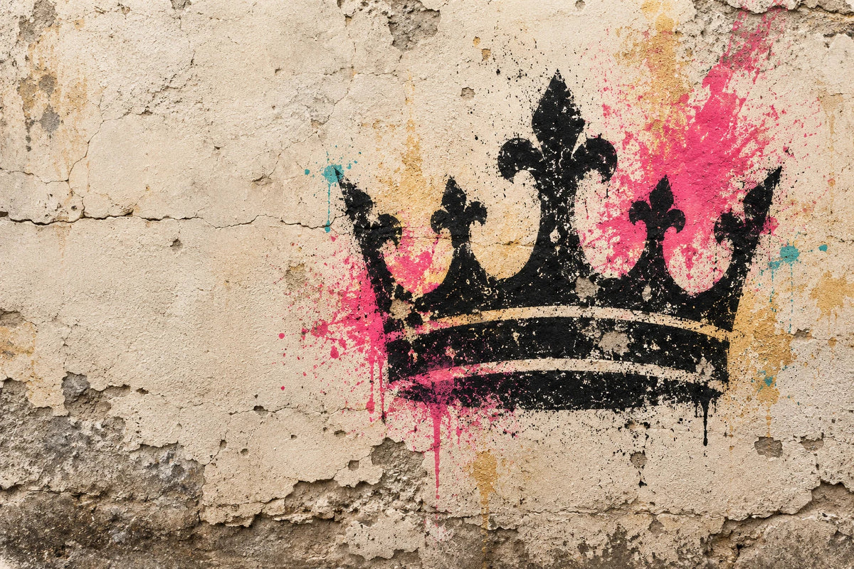 Black crown stencil with pink paint on a weathered cream wall