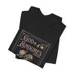 Folded black God Endures tee showing vintage pink and gold lettering with roses.