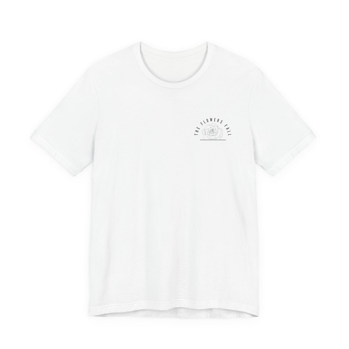 Front view of the white Flowers Fall tee with a small black graphic on the left chest.