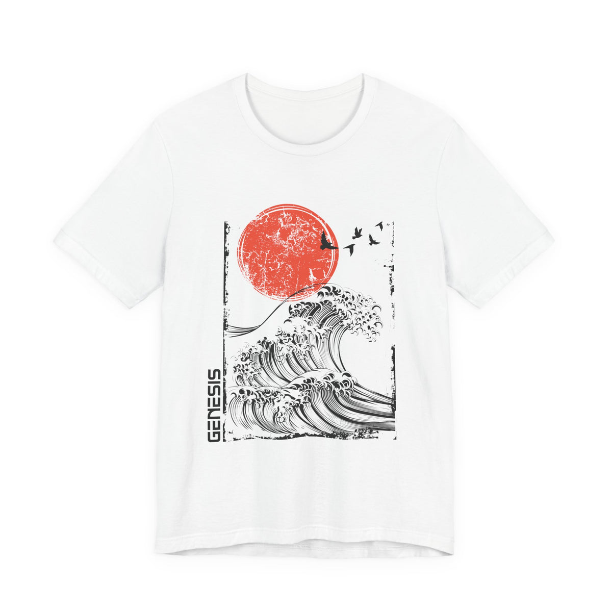 White Genesis Flood tee with black wave artwork, a red sun, birds and vertical Genesis lettering.