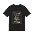 Black God Endures tee with vintage lettering, roses and a gold banner on the front.