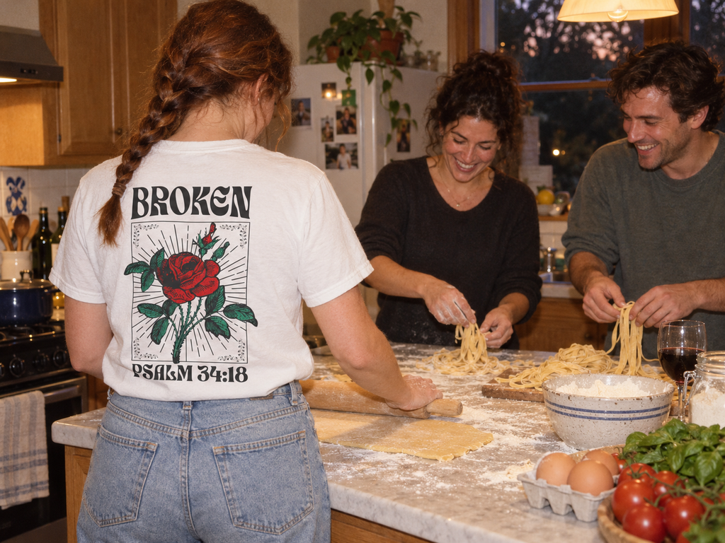 lifestyle mockup of an adult rolling pasta with friends in a kitchen, viewed from behind in the vintage white Broken tee with its rose and Psalm 34:18 back artwork visible.