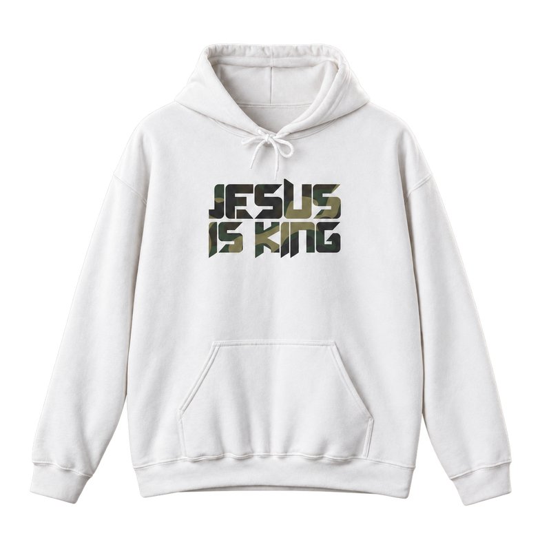 Camo Jesus is King — Revelation 19:16 Hoodie, pictured in White