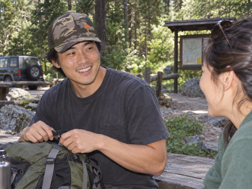 lifestyle mockup: adult wearing the Camo Olive Camouflage Cross cap while packing a hiking bag at a trailhead; orange cross embroidery shown from the front.