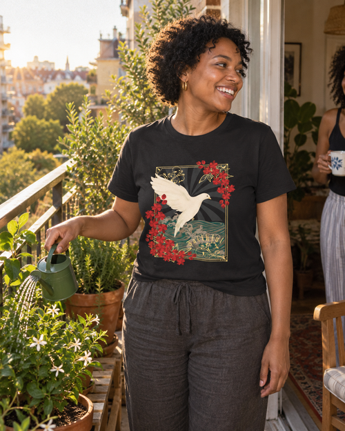 lifestyle mockup of a young adult watering balcony plants in morning light, wearing the black Dove Faithful tee with its white dove and red floral front artwork visible.