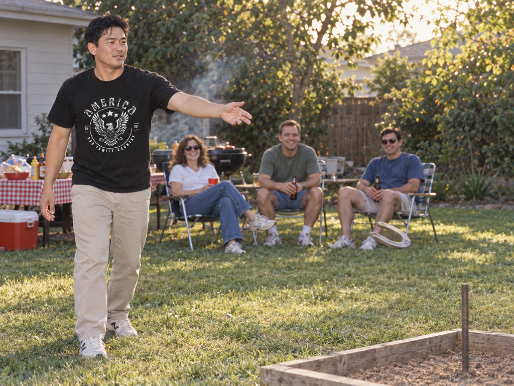 lifestyle mockup of an adult playing horseshoes with friends at a backyard cookout, wearing the black Eagle America tee with its eagle and Isaiah 40:31 front artwork visible.