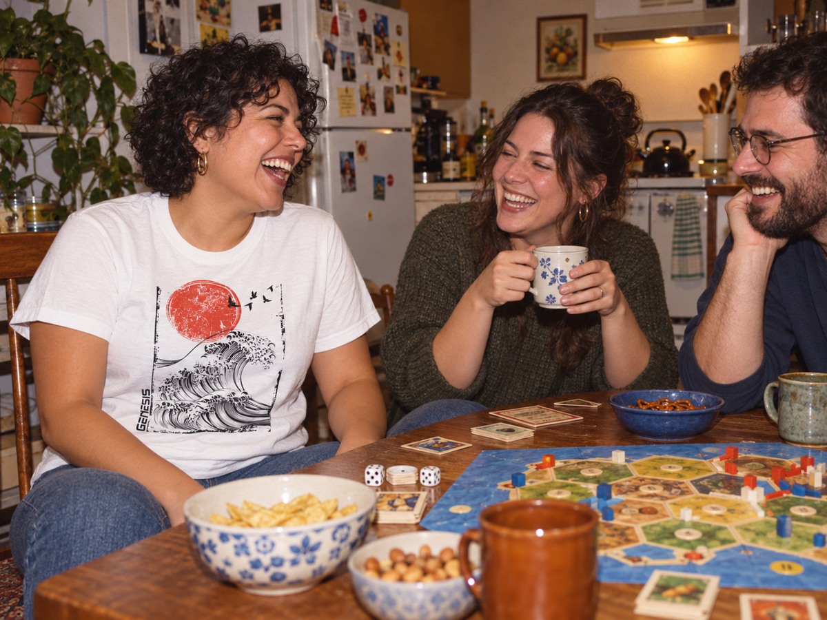 lifestyle mockup of young adult friends playing a board game in a kitchen, with the white Genesis Flood tee showing its red sun, black waves and Genesis front artwork.