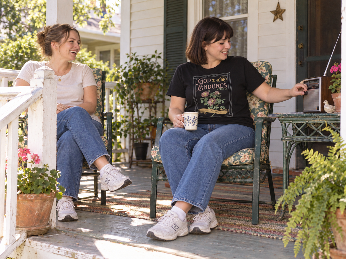 lifestyle mockup of young adult friends relaxing on a porch, with a woman tuning a radio in the black God Endures tee showing botanical front artwork and Isaiah 40:8.