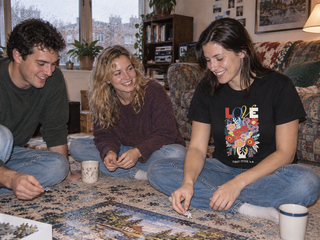 lifestyle mockup of an adult wearing the black Love II tee with its colorful floral front print, building a puzzle with friends on an apartment floor on a rainy afternoon.