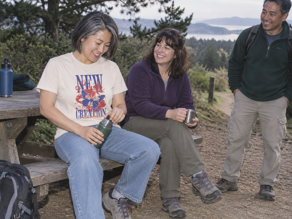 lifestyle mockup of an adult wearing the Soft Cream New Creation 2 tee with its butterfly and floral front artwork, opening a thermos at a morning trail rest stop with friends.