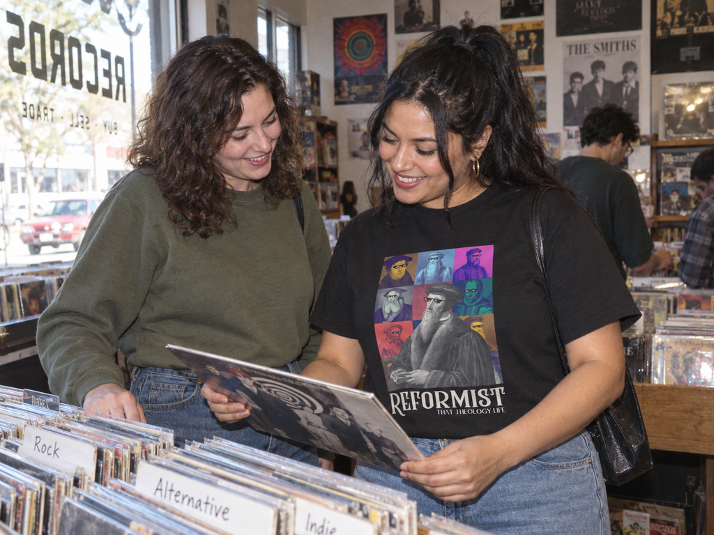 lifestyle mockup of an adult browsing records with a friend, wearing the black Reformist Life tee with its colorful portrait collage and front lettering visible.
