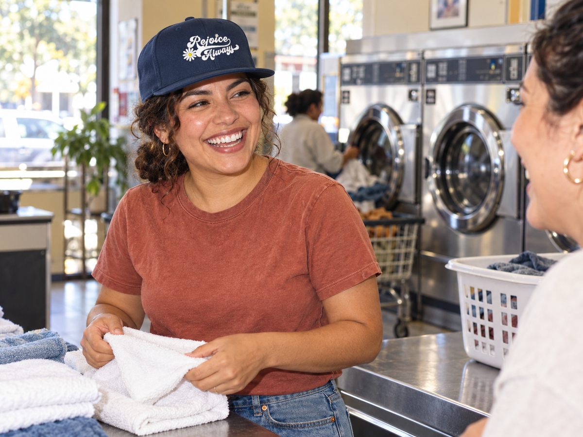 lifestyle mockup: adult wearing the navy Rejoice Always cap while folding laundry with a friend; white script and daisy front embroidery visible.