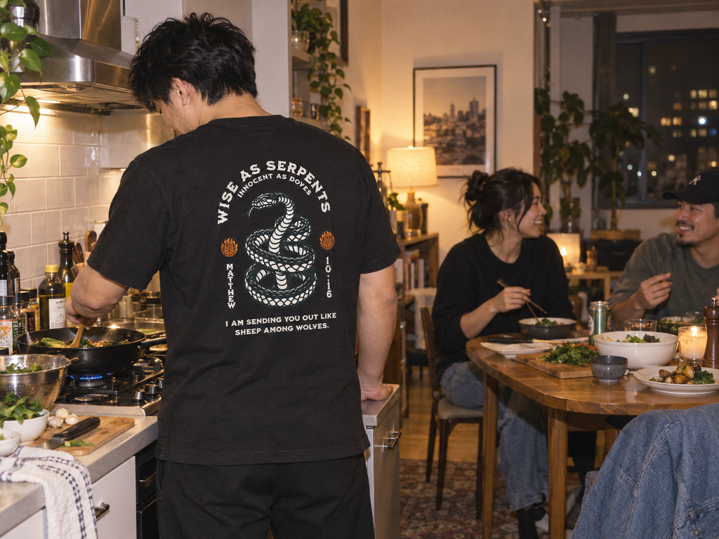 lifestyle mockup of a young adult cooking dinner with friends in an apartment kitchen, seen from behind in the black Serpents and Doves tee with its cream snake, orange emblems and Matthew 10:16 back artwork visible.